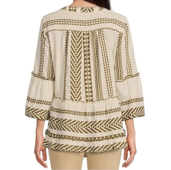 John Mark Jacquard Woven Geometric V-Neck Ruffle Blouse Size Medium - Picture 3 of 10